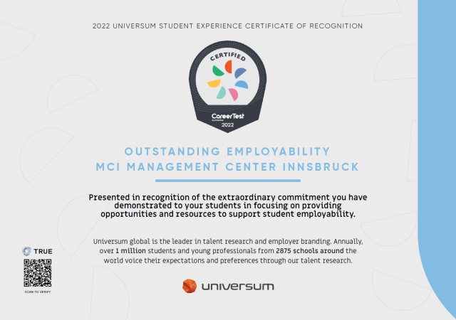 Das 'Certificate of Recognition for Outstanding Employability' bestätigt das außerordentliche Engagement des MCI zur Förderung der Beschäftigungsfähigkeit seiner Studierenden.