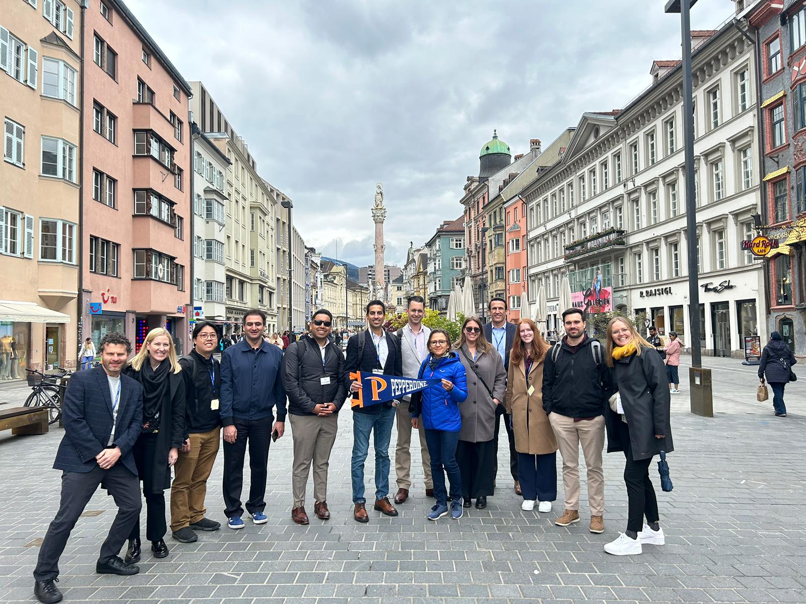 <p>Pepperdine Students during their city tour: A moment with Monika Unterholzner from the Grassmayr Family and a tour guide of Austria Guide Innsbruck © Pepperdine / Kristin Bailey</p>