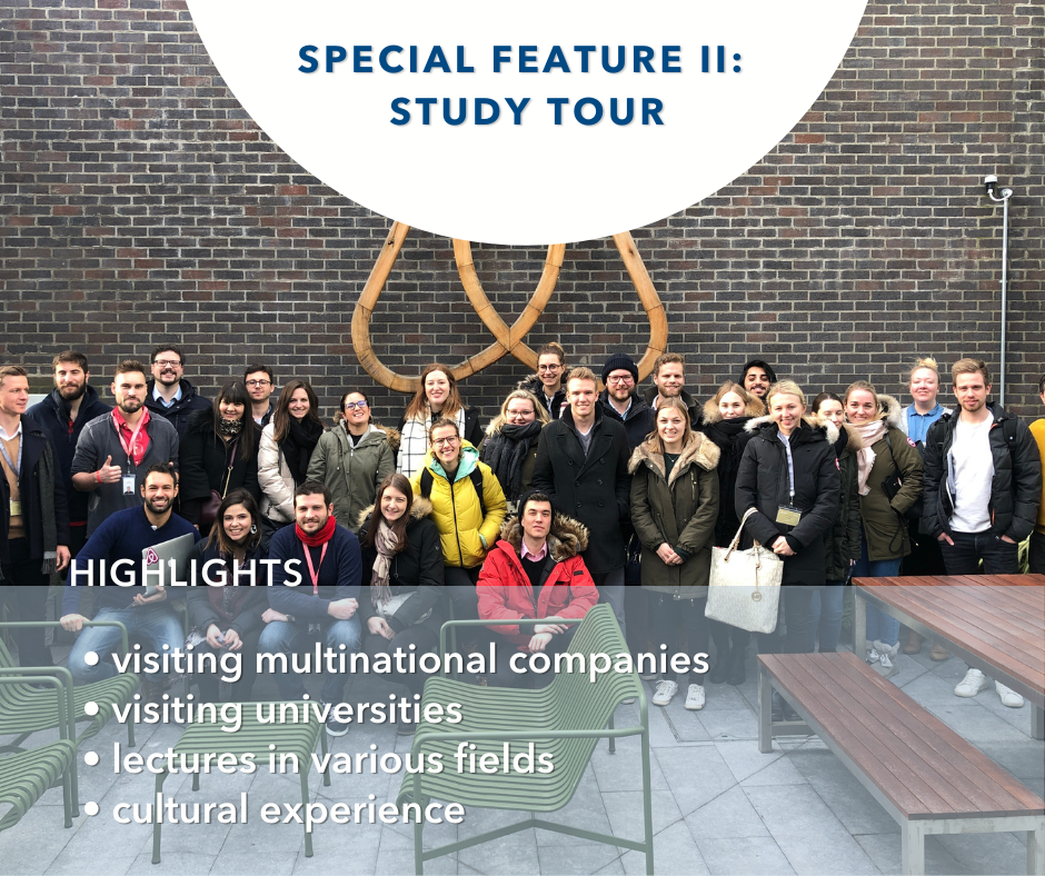 <p><strong>International Study Tour</strong></p><p>The Study Tour to Ireland in the third semester enables all students to establish valuable contacts with internationally and/or globally active companies. In addition, the joint field trip includes visits and lectures at renowned universities in addition to cultural enrichment.</p><p>Graphic: ©MCI/Sillaber</p>