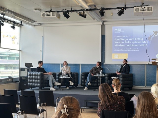 <p>Panel Diskussion mit (von links): Saša Filipović, Helene Stanger, Sebastian Juffinger, Lukas Kerschbaumer ©MCI</p>