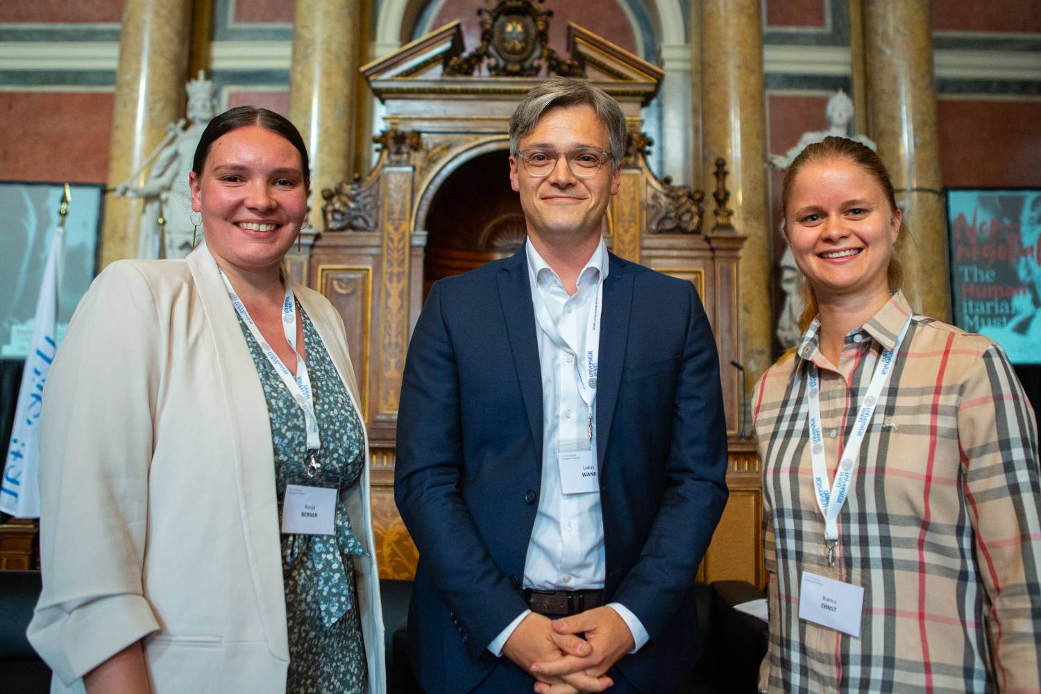 <p>From left to right: Ronja Berner (University of Vienna, Institute for Development Cooperation), Lukas Wank (AG Global Responsibility), Bianca Ernst (MCI); © Humanitarian Congress Vienna / Holly Kellner</p>