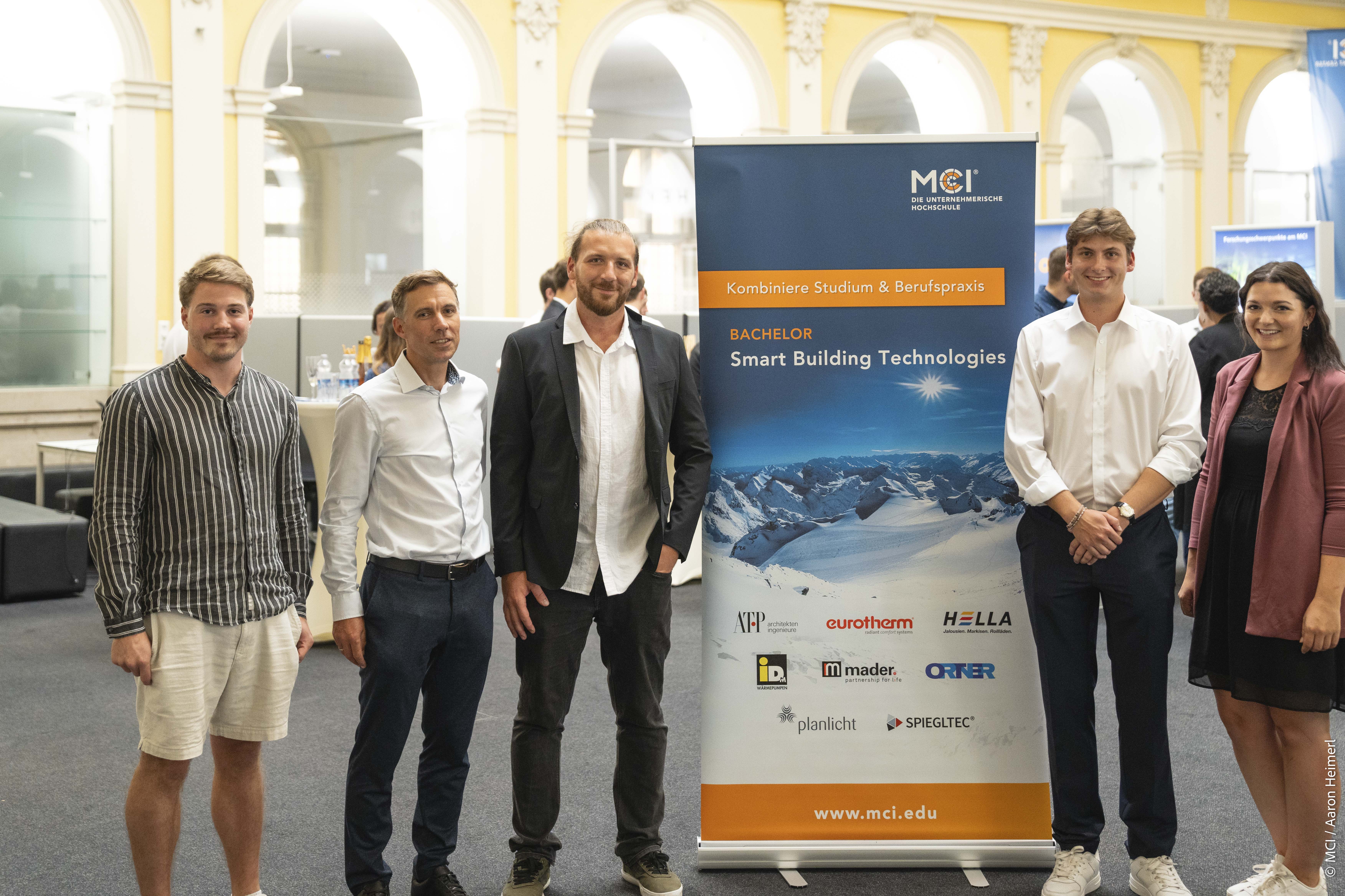 <p>Managing Director Christian Peintner (2nd from left) and Claudia Tasser, Team Leader Human Resources at <strong>SPIEGLTEC GmbH</strong>, (1st from right) were delighted to welcome Christopher Rappold (2nd from right) and Manuel Schmidt (3rd from left), with Felix Buck of the 2023 cohort (1st from left). ©MCI / Heimerl</p>