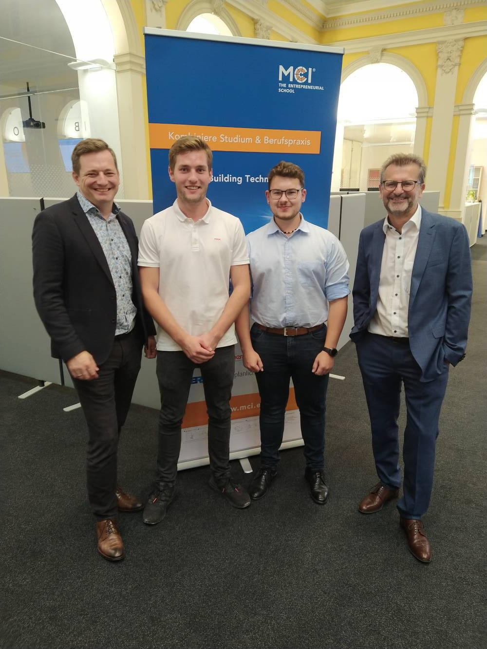 <p>The respective companies proudly welcomed the students, who will complete their practical phases there: From ATP Group Leader HVAC, Georg Wartelsteiner (1st from left), and Managing Director Gerald Hulka (1st from right), with Franz Baumann (2nd from right) and Felix Burr (2nd from left). Photo: MCI-Hofer</p>