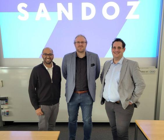 <p>Werner Stadlmayr, Head of the department, welcomed the two Sandoz representatives, Aneesh Schlögl-Kishore and Dominik Bertsch. © MCI/Niederseer</p>