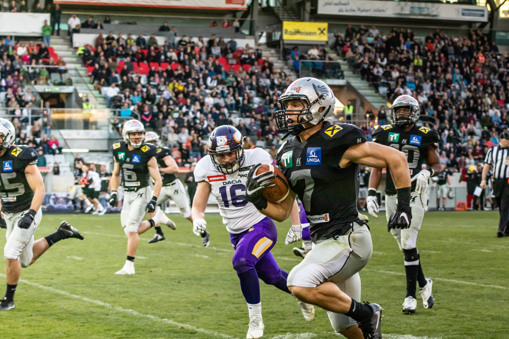 Sandro Platzgummer, football player of the Swarco Raiders Tirol, at the Tivoli Stadium Innsbruck against the Vienna Vikings.