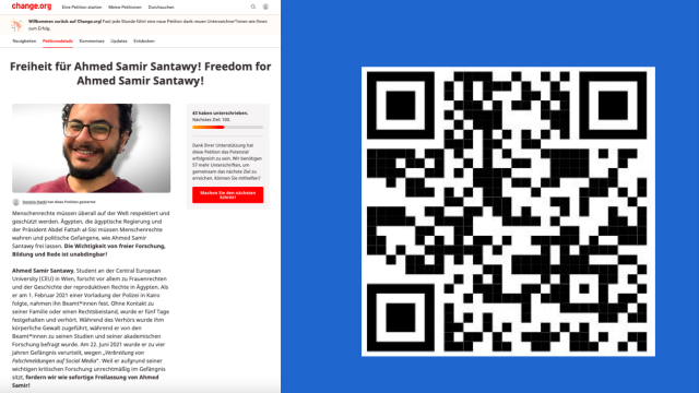 <p>Auszug aus der Petition „Freiheit für Ahmed Samir Santawy“ mit QR-Code zur Petition ©MCI/Student-Advocacy-Seminar-Projektgruppe</p>